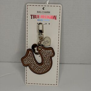 True Religion Rhinestone Horseshoe Bag Charm Cognac Gold Tone Hardware NWT